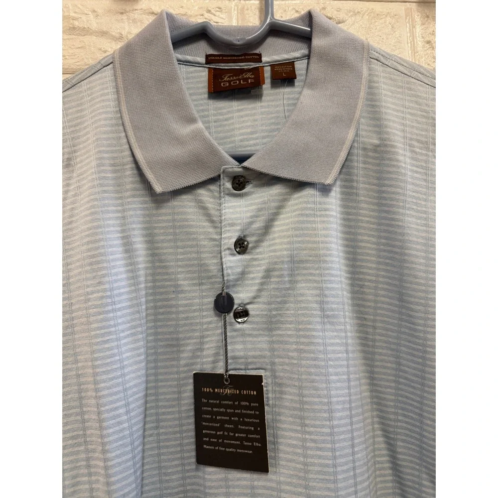 Tasso Elba Golf‎ Mens Large Bay Blue Striped Mercerized Cotton Polo Shirt NWT